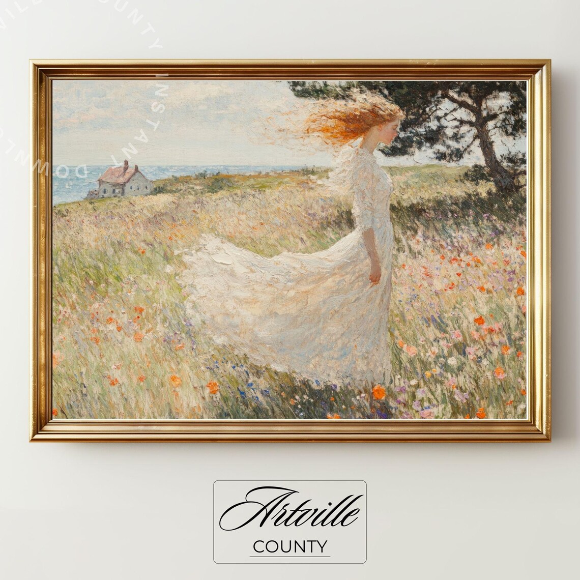 Woman In Flowing White Dress Windy Meadow Vintage Painting Poster
