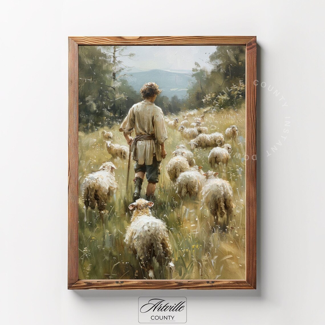 Shepherd With Sheep Vintage Oil Painting Art Print - Image 3