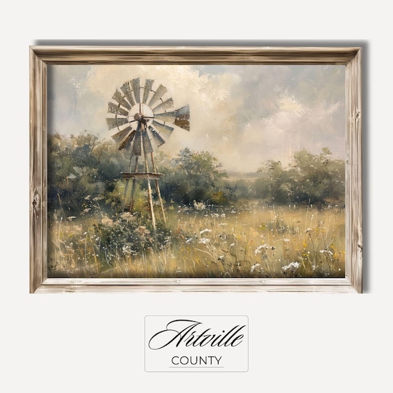 Vintage Windmill Painting, Farmhouse Landscape Art Print