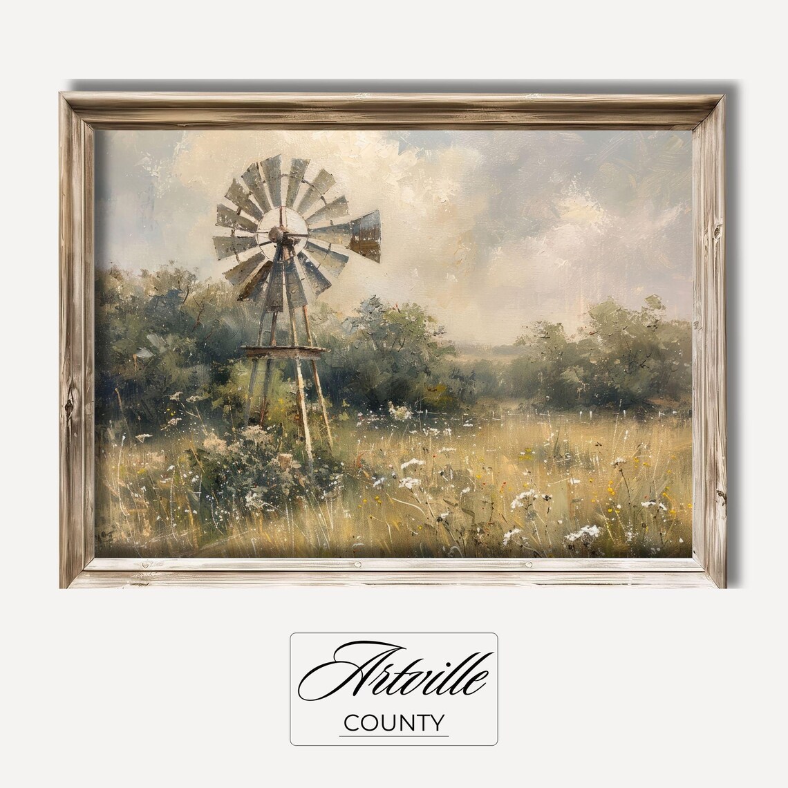 Vintage Windmill Painting, Farmhouse Landscape Art Print