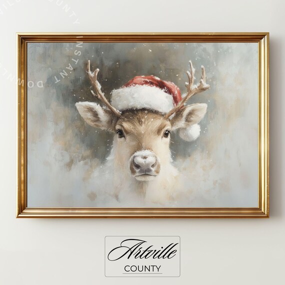 Christmas Deer In Santa Hat, Vintage Holiday Art Print