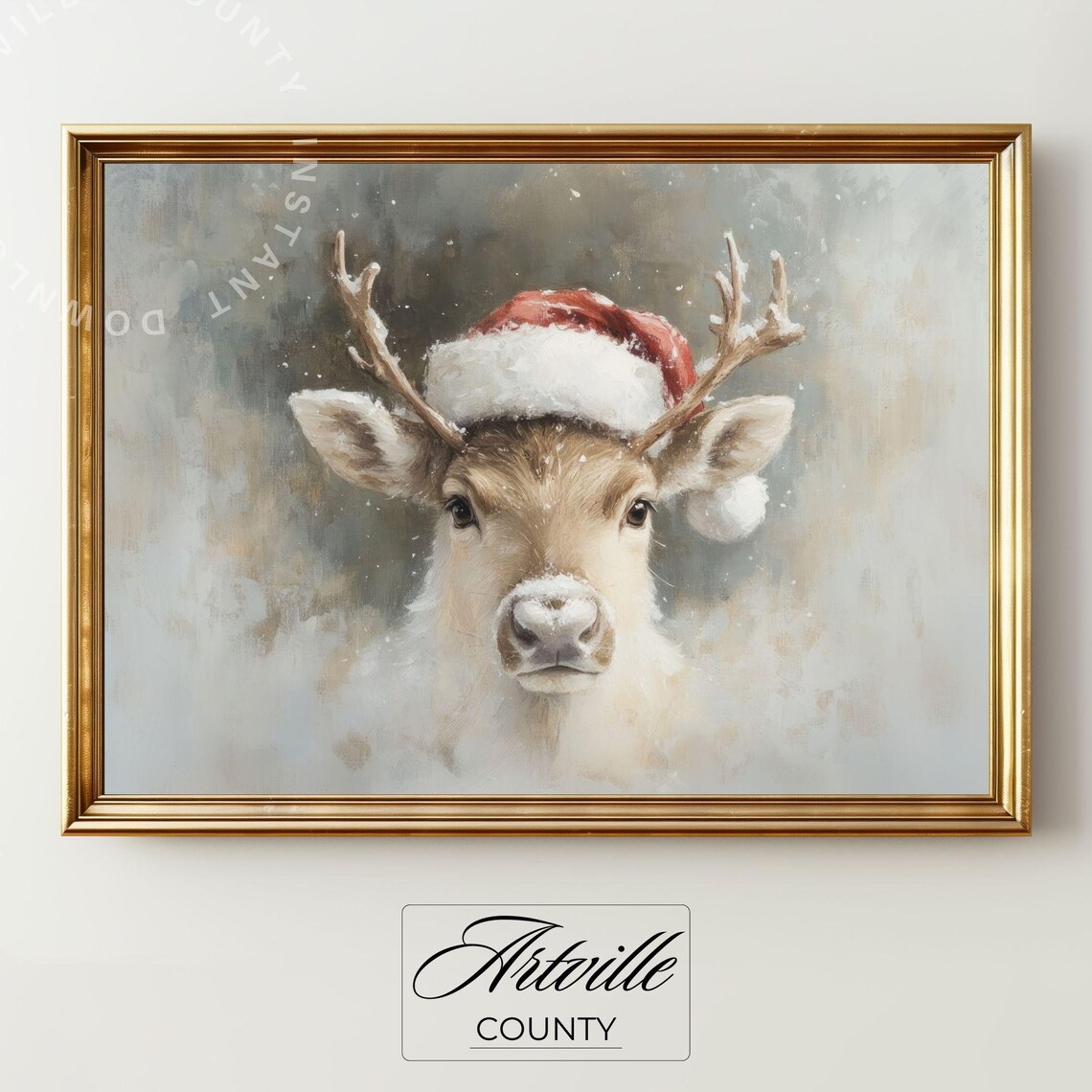 Christmas Deer In Santa Hat, Vintage Holiday Art Print
