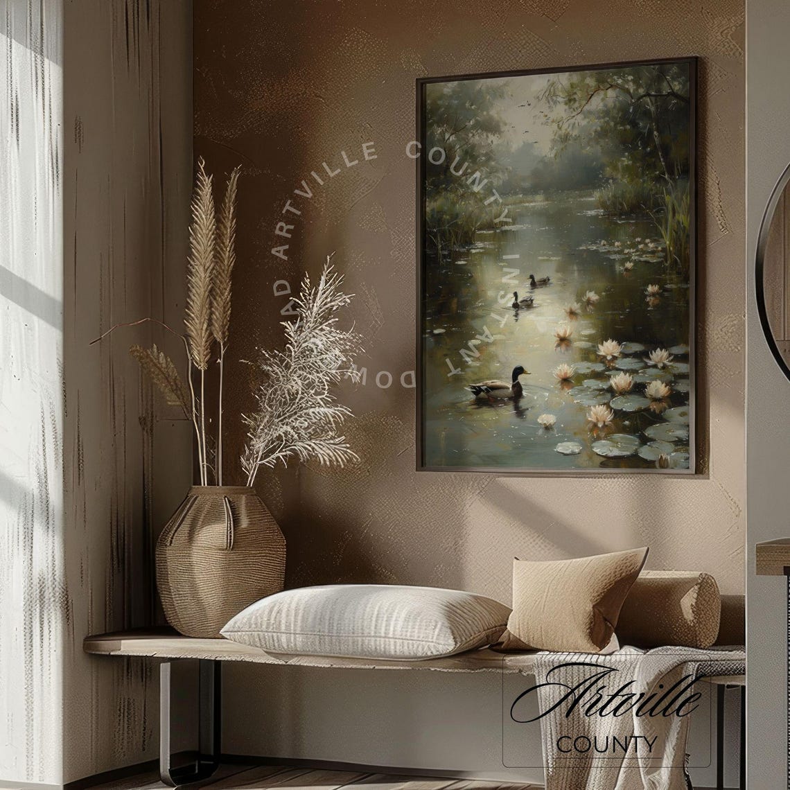 Ducks In Pond Painting Farmhouse Wall Art Vintage Landscape Oil Painting Calming Countryside Lake Print Art - Image 5