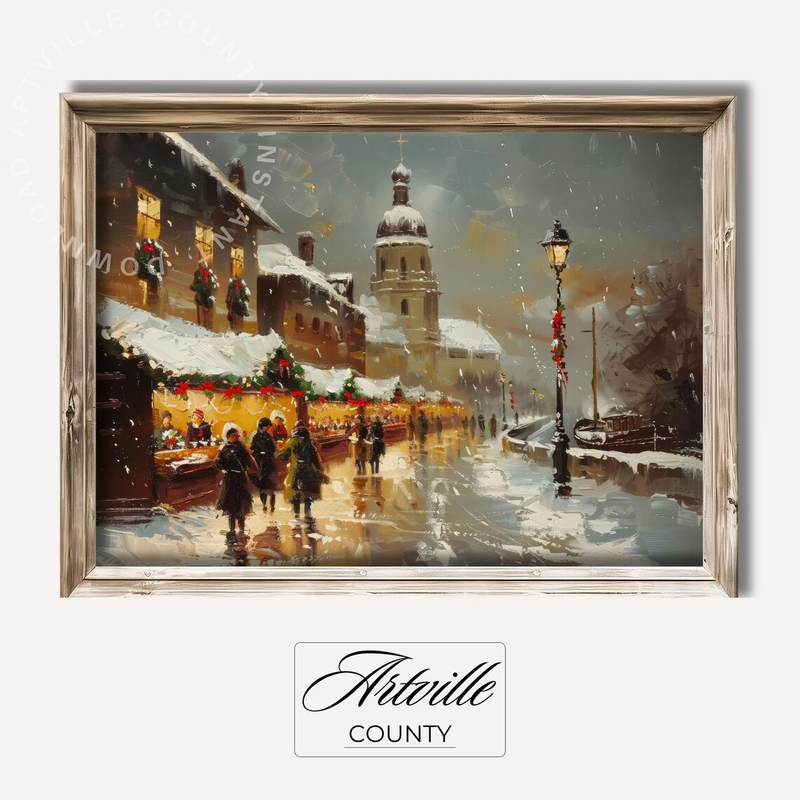 Snowy European Christmas Market with Church Winter Scene Poster - Image 2