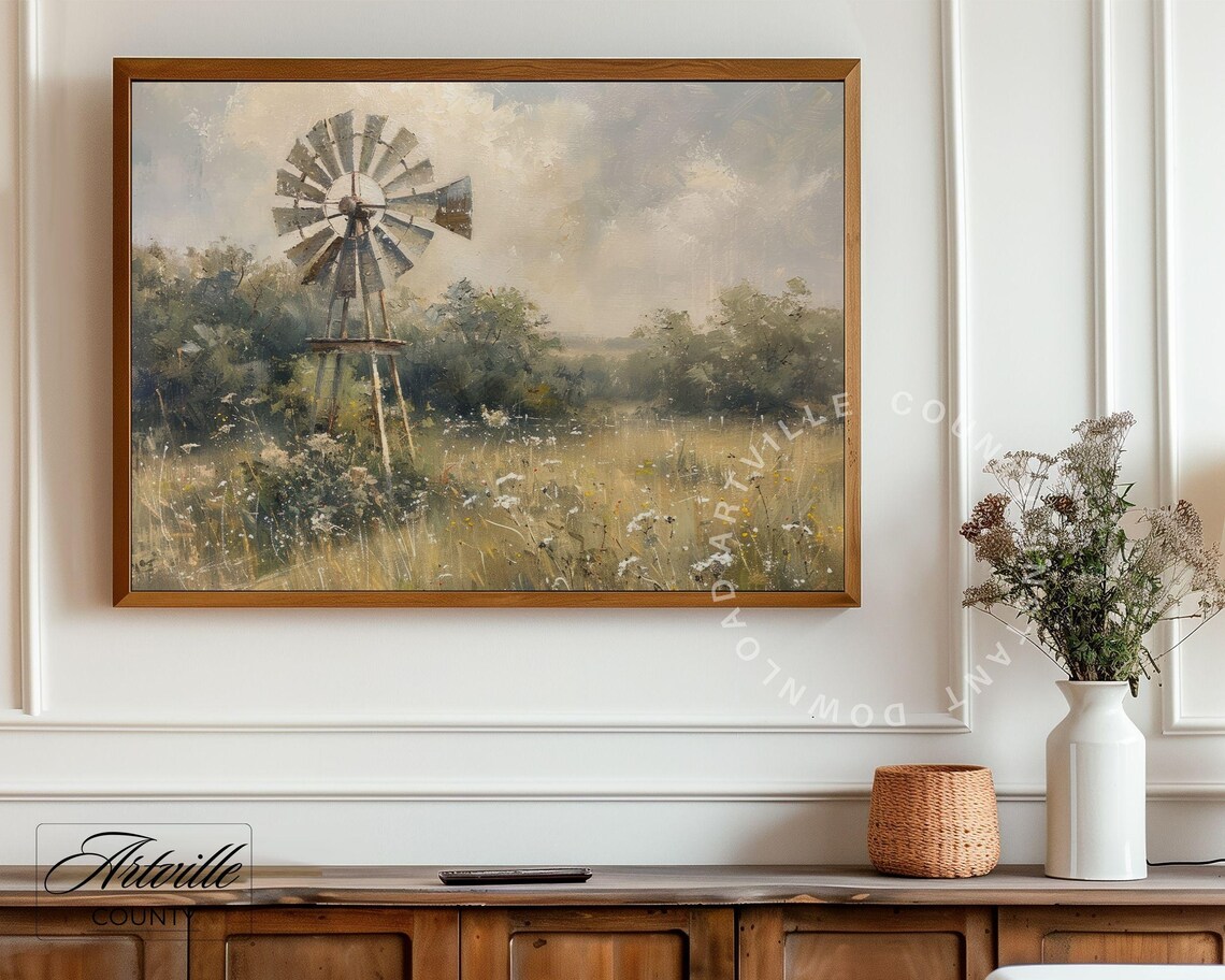 Vintage Windmill Painting, Farmhouse Landscape Art Print - Image 4