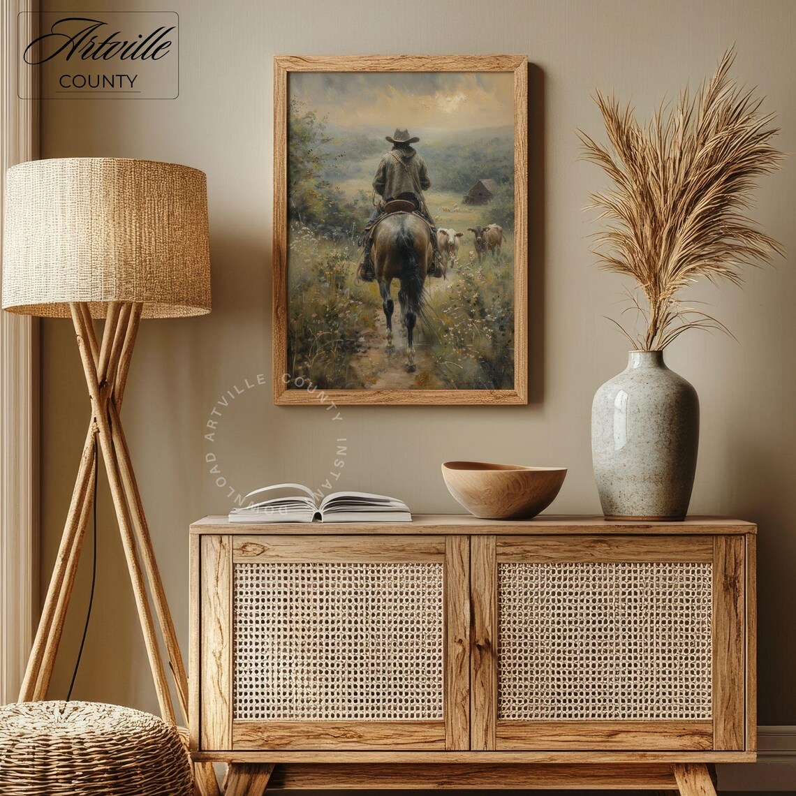 Cowboy Riding Horse Through Wildflowers At Sunset Western Poster - Image 3