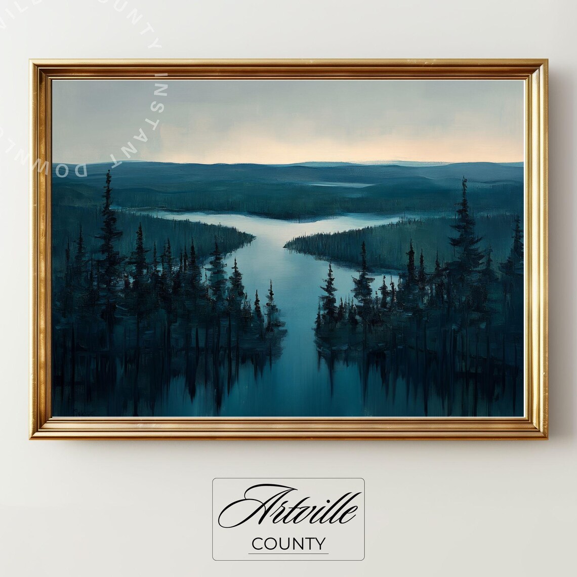 Moody Forest Lake at Dusk Tall Pines Blue Night Painting Wall Art