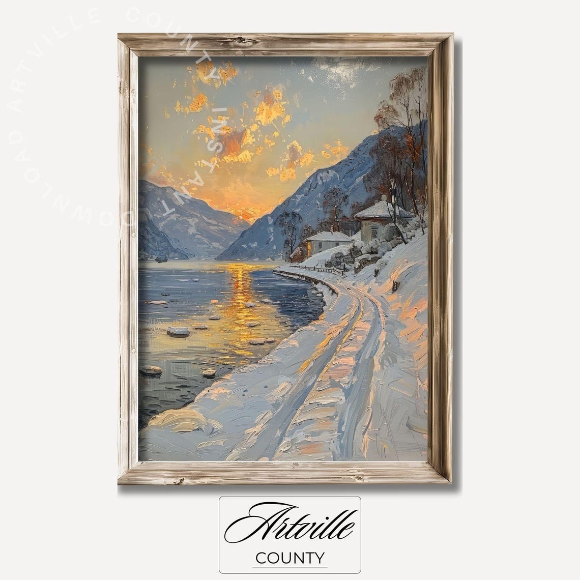 Snowy Mountain Lake Sunset Winter Shoreline Landscape Poster