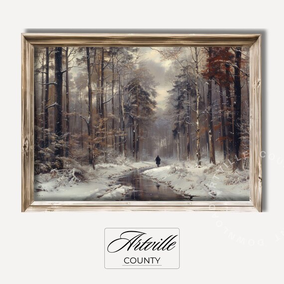 Winter Forest Painting Snowy Landscape Art Print Moody Forest Wall Art Antique Print Vintage Christmas Decor