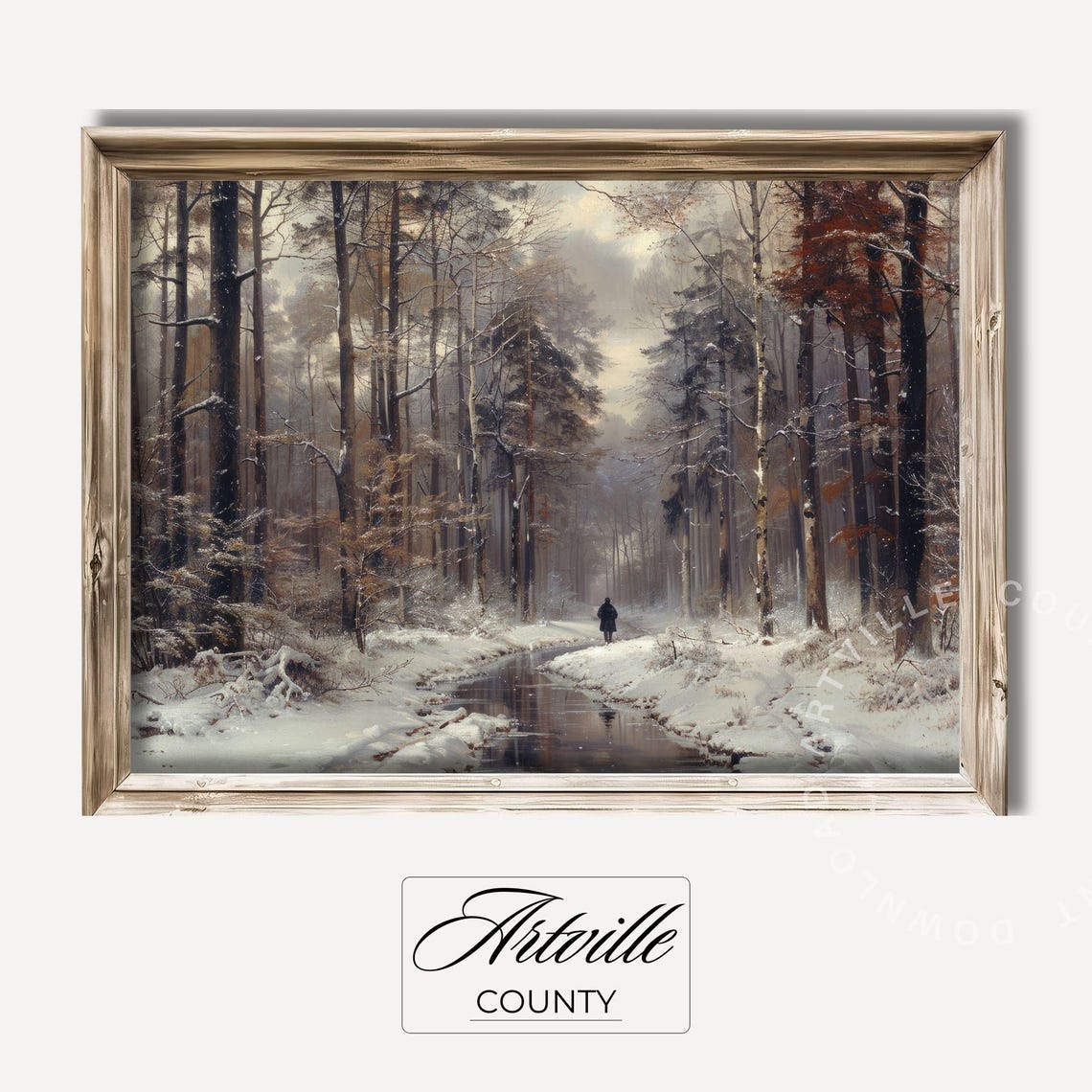 Snowy Winter Forest Path with Lone Walker Frozen Stream Poster