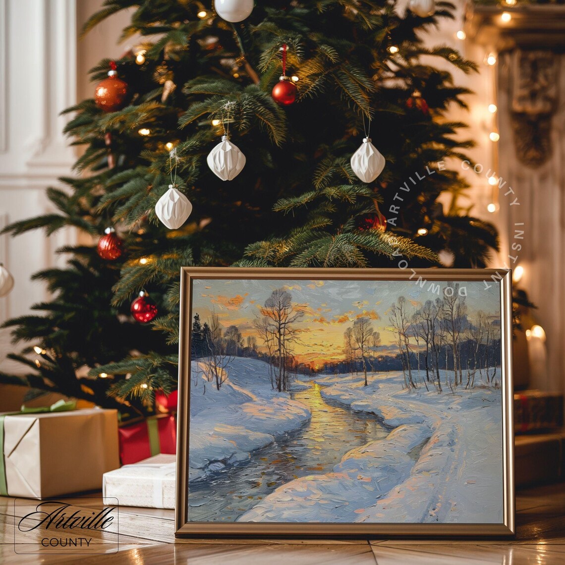 Golden Sunset Winter River Snowy Meadow Impressionist Art Poster - Image 4