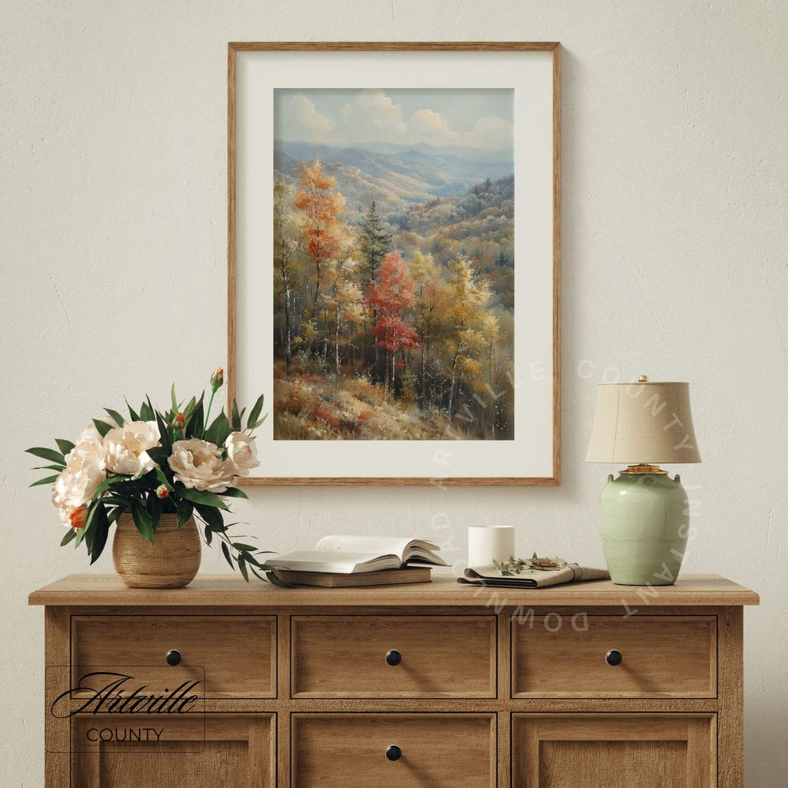 Autumn Mountain Valley Fall Trees Panoramic Landscape Painting Poster - Image 4