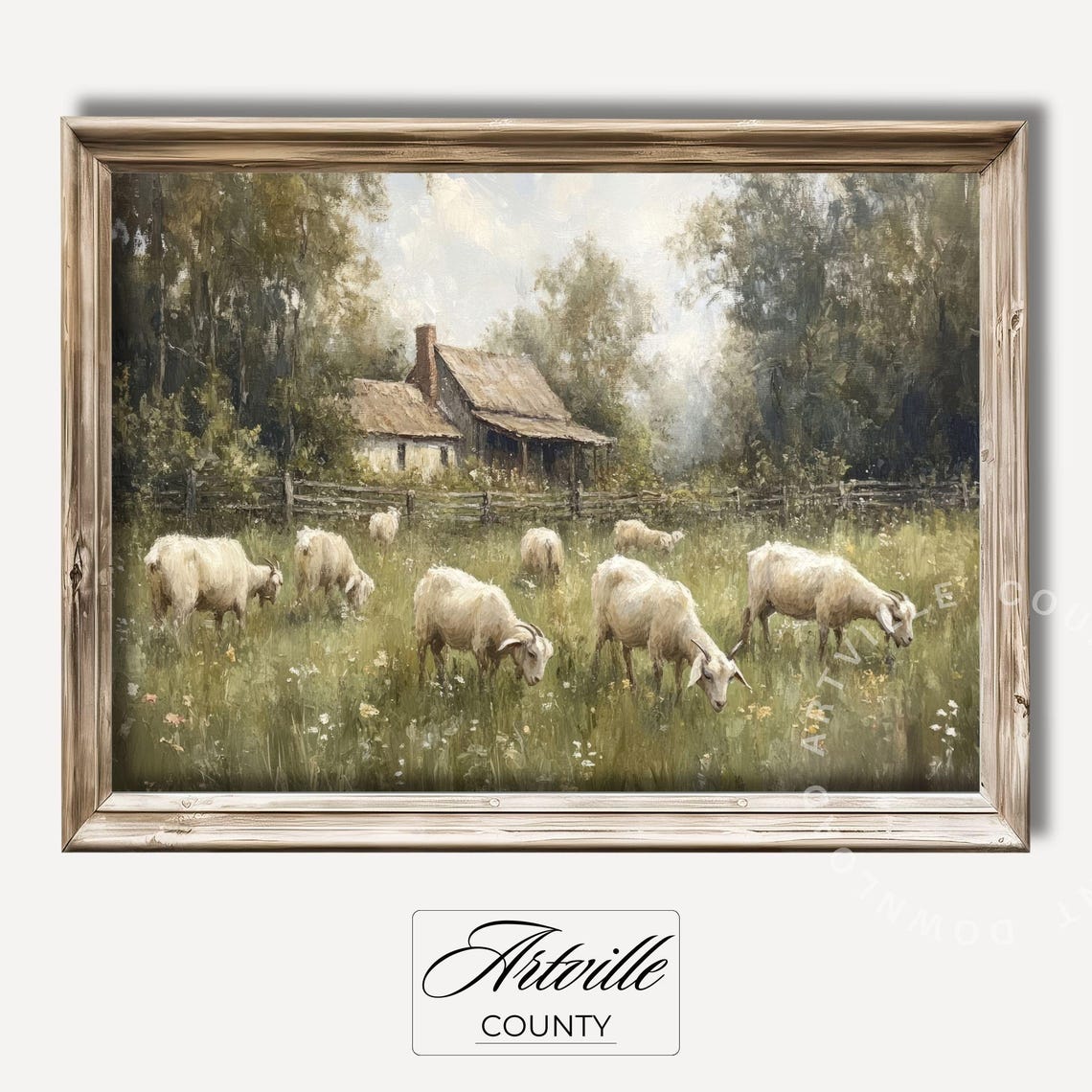 Goat Herd Grazing Pasture Rustic Farmhouse Cottage Painting Wall Art