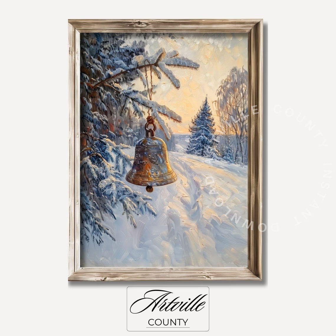 Antique Bell Hanging in Snowy Forest Sunset Christmas Poster