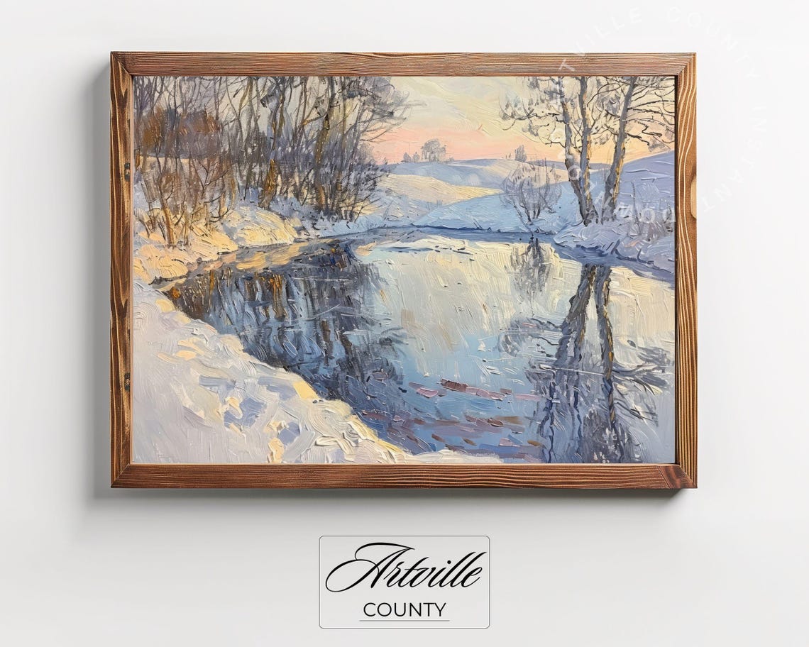Winter River Sunset Snowy Banks Impressionist Oil Painting Poster - Image 2