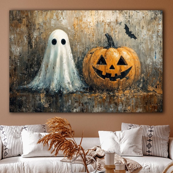 With Jack Lantern Canvas Wall Art Abstract Halloween Decor Pumpkin Painting Print Horror Haunted Poster Ready To Hang