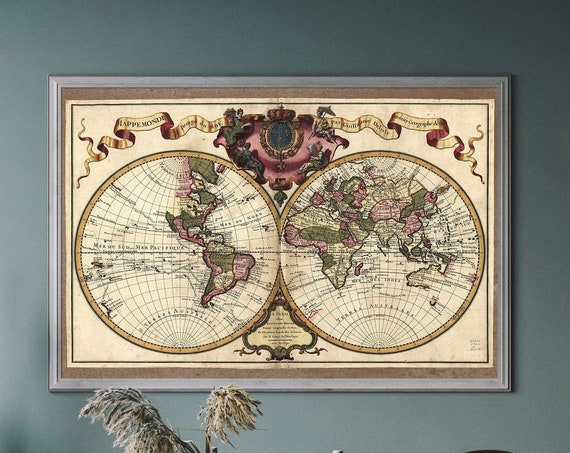 Vintage World Map Art Print, Nautical Exploration