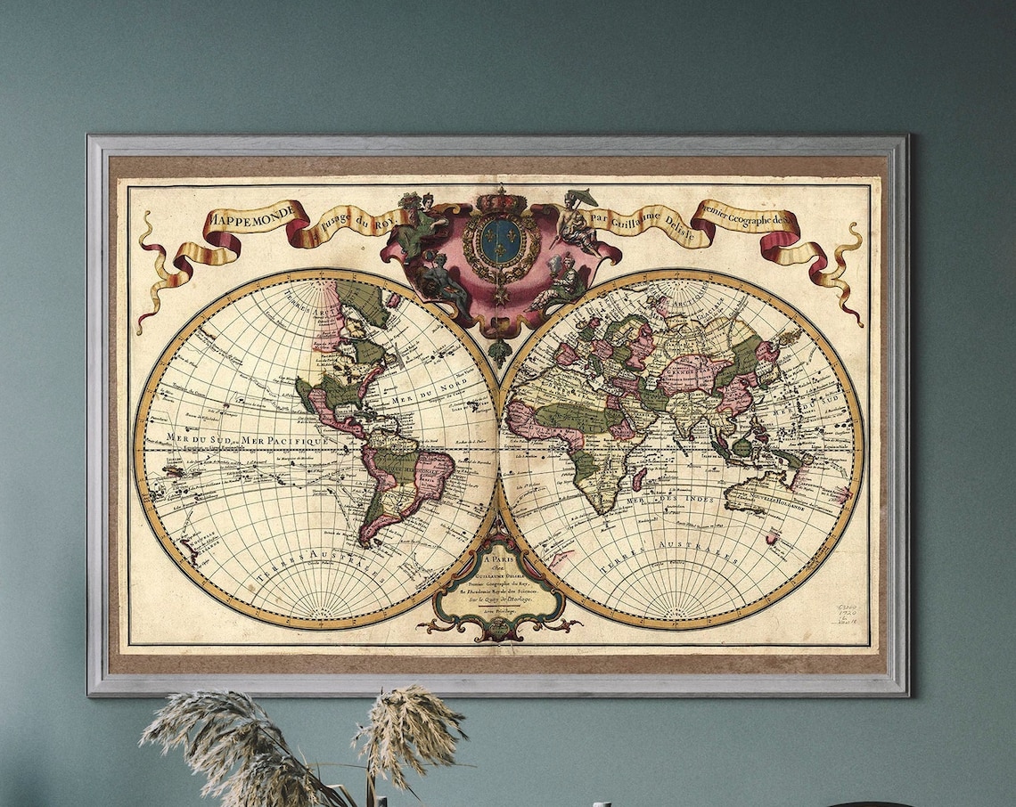 Vintage World Map Art Print, Nautical Exploration