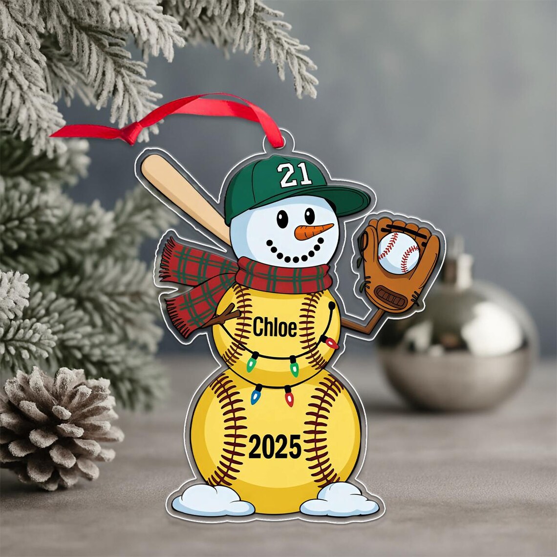Personalized Softball Snowman Christmas Ornament Acrylic Print Gift 2025