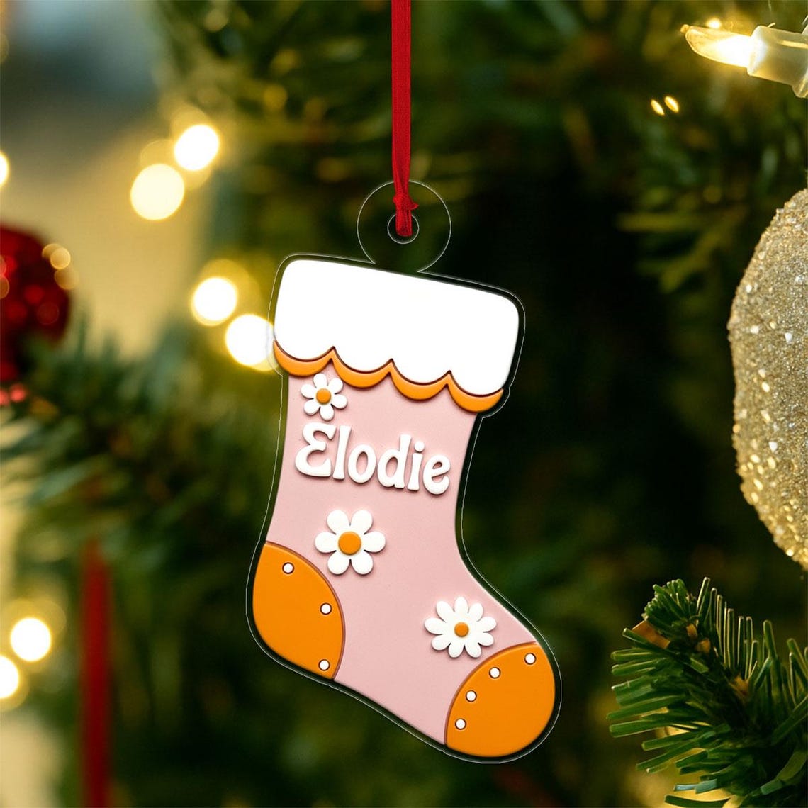 Elodie Pink Daisy Stocking Custom Name Christmas Ornament Poster