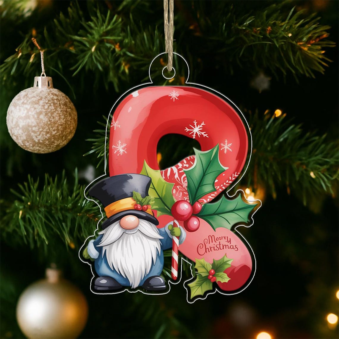 Letter R Gnome Christmas Initial Ornament Holly Merry Holiday Print
