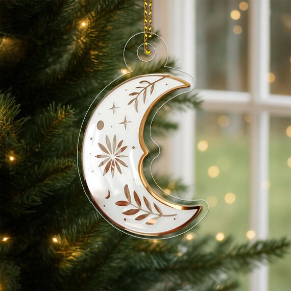 Crescent Moon Gold Botanical Acrylic Christmas Ornament Poster