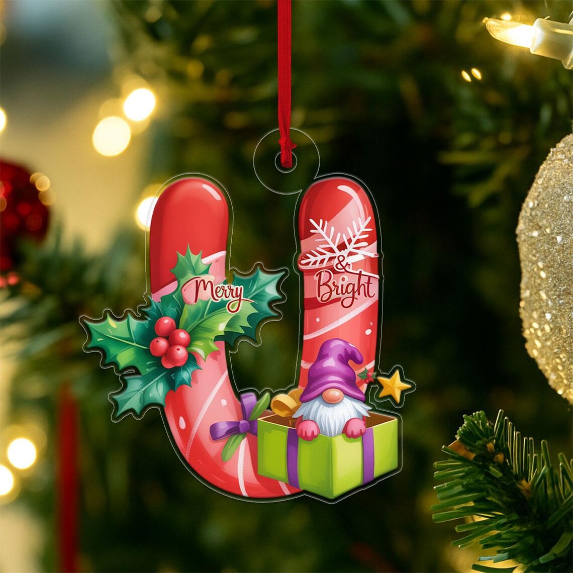 Letter U Candy Cane Christmas Initial Ornament Gnome Merry Bright Print