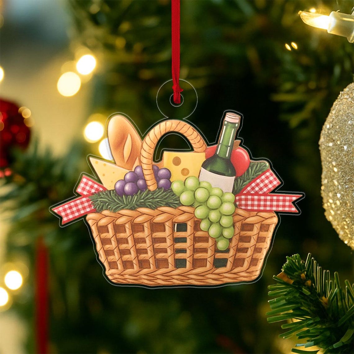 Picnic Basket Wine Cheese Grapes Gingham Christmas Tree Ornament Print
