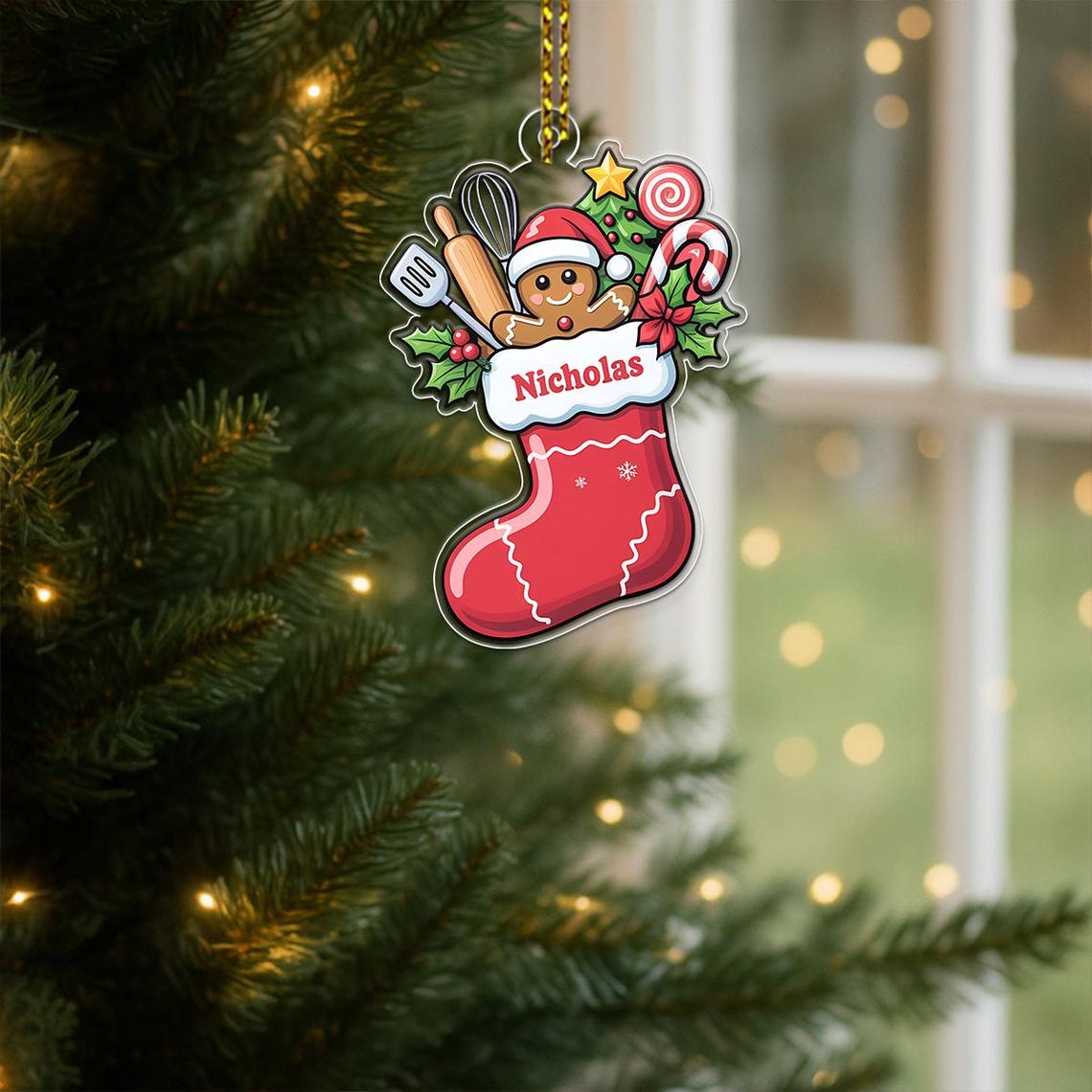 Personalized Gingerbread Baker Stocking Acrylic Ornament Gift Print