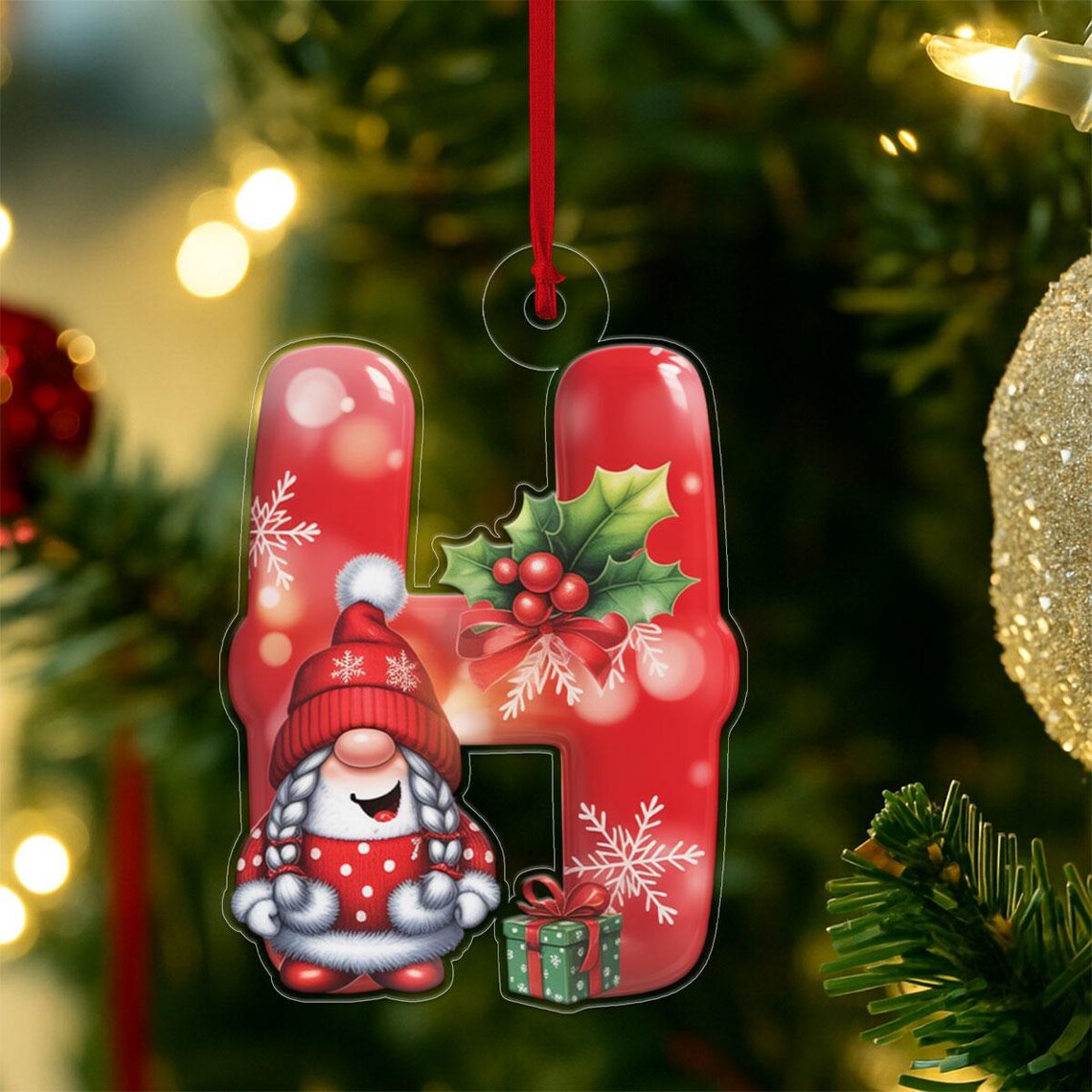 Red Letter H Happy Gnome Girl Holly Gift Christmas Ornament Holiday Poster
