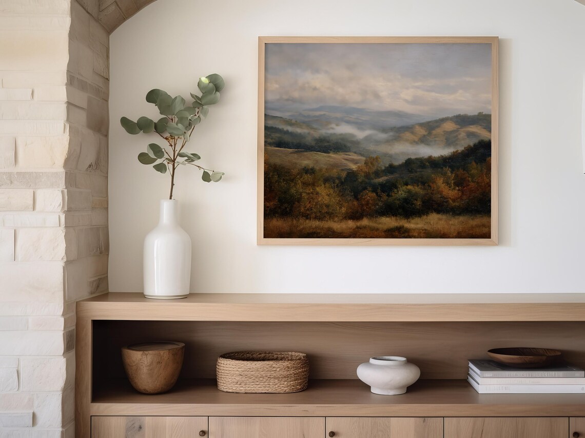 Misty Autumn Hills Moody Fall Landscape Warm Tone Oil Painting Poster