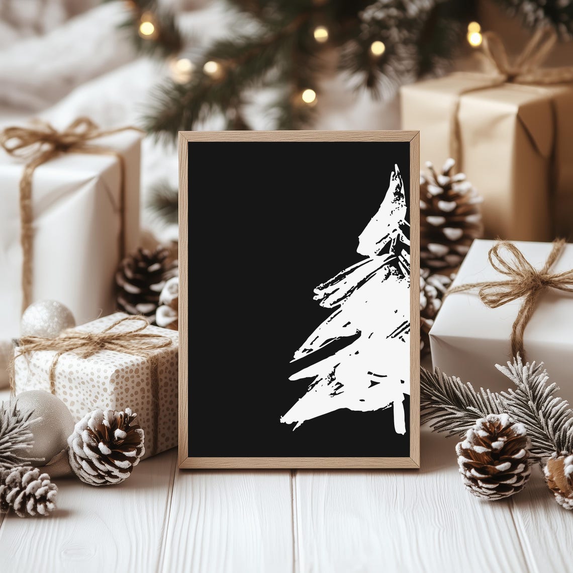 Minimalist White Christmas Tree Black Modern Holiday Wall Poster