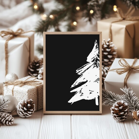 Minimalist White Christmas Tree Black Modern Holiday Wall Poster