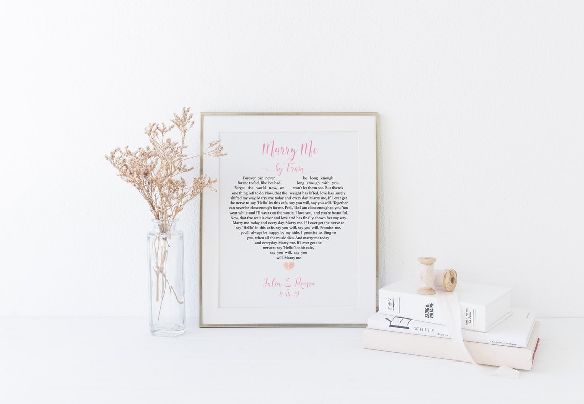 Marry Me by Train Heart Shaped Blush Pink Wedding Lyrics Print - Image 4
