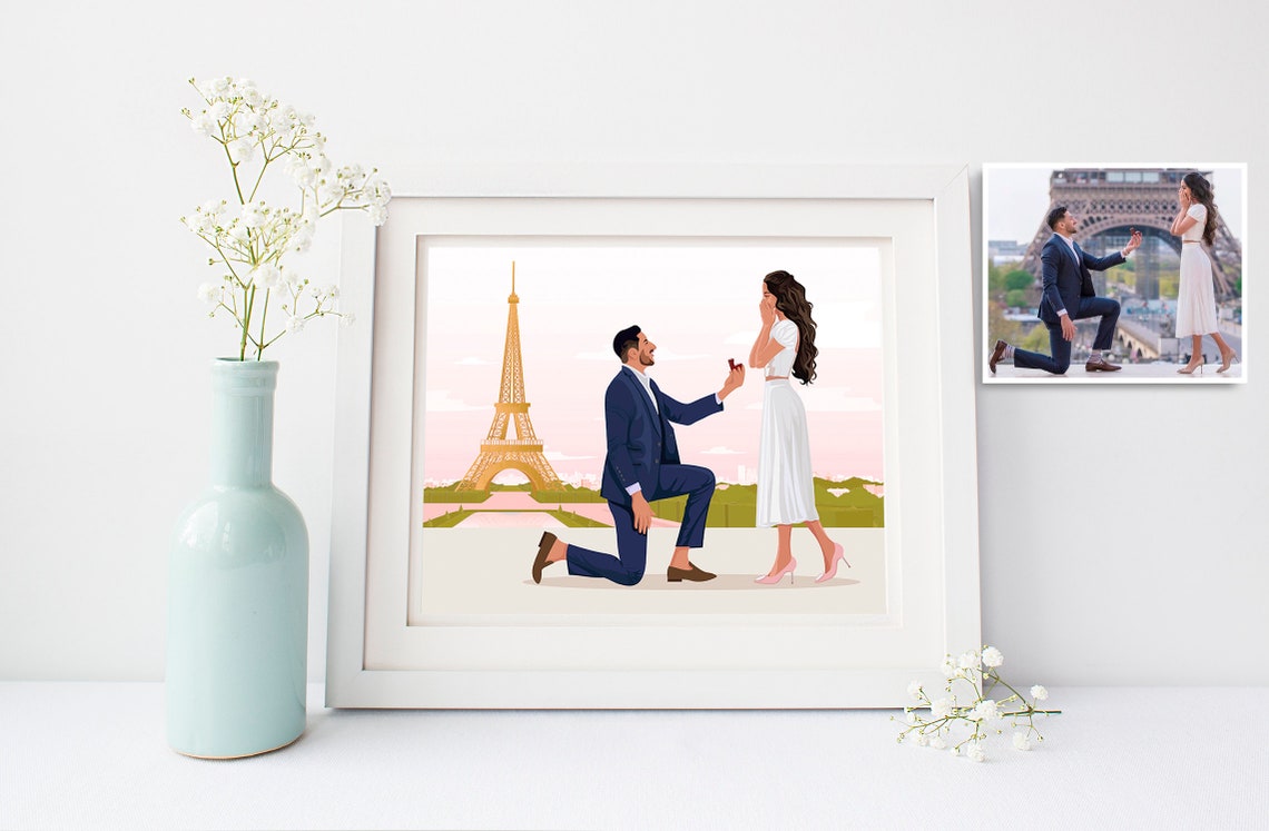 Paris Eiffel Tower Sunset Marriage Proposal Illustration Poster - Image 5