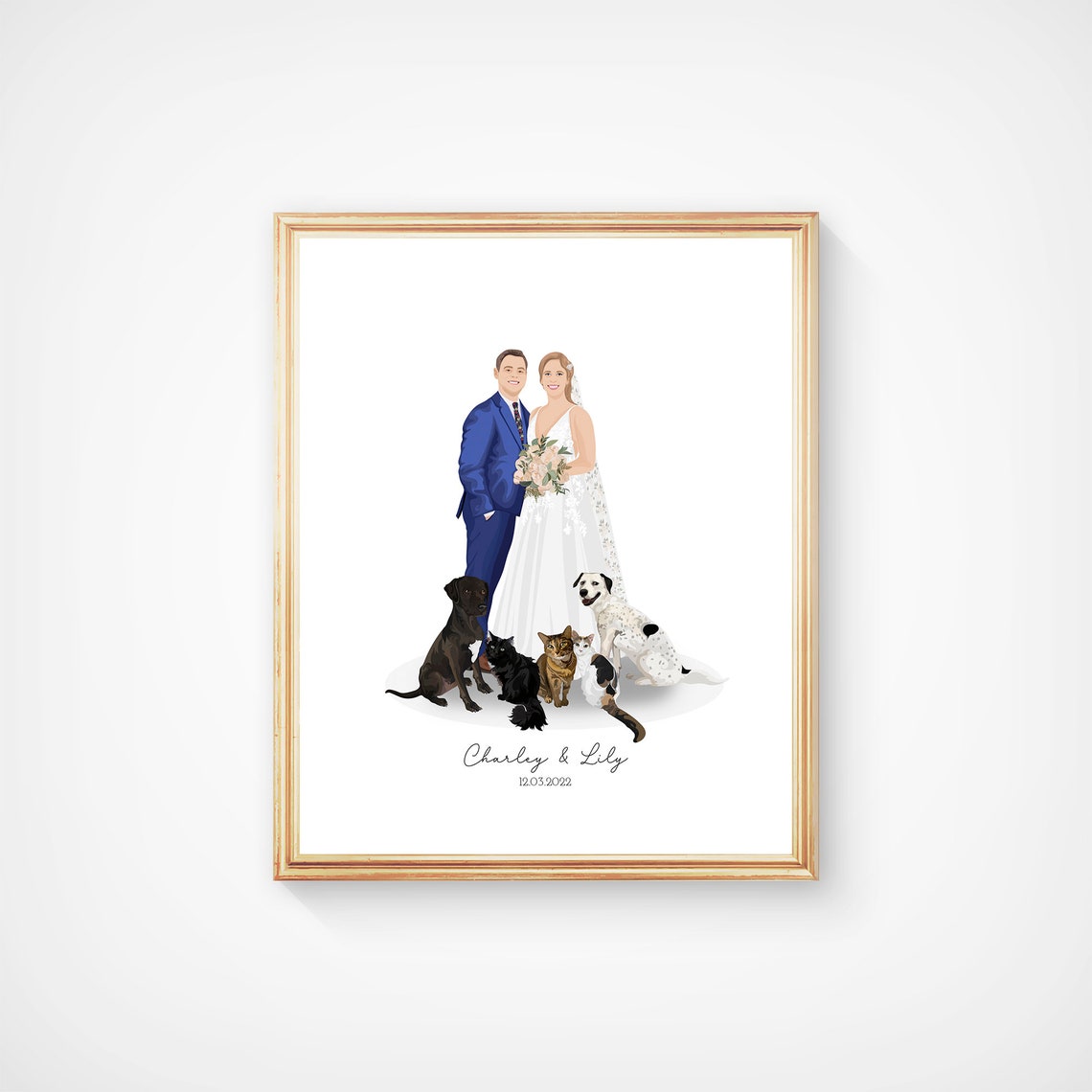 Wedding Guest Book Couple With Five Pets Portrait Art Poster - Image 6