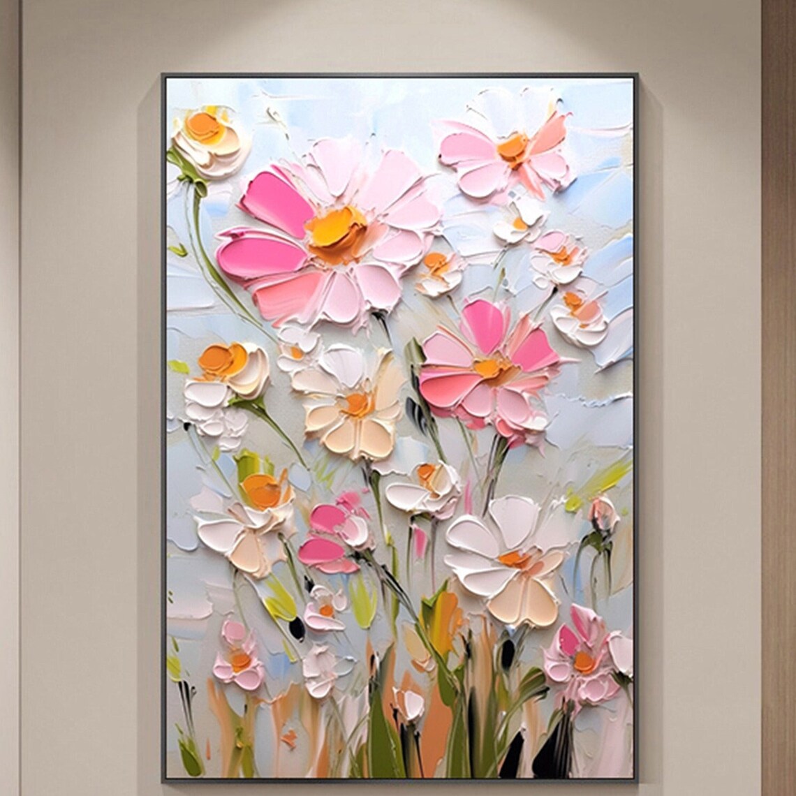 White Pink Daisy Meadow Pale Blue Vertical Textured Floral Wall Art