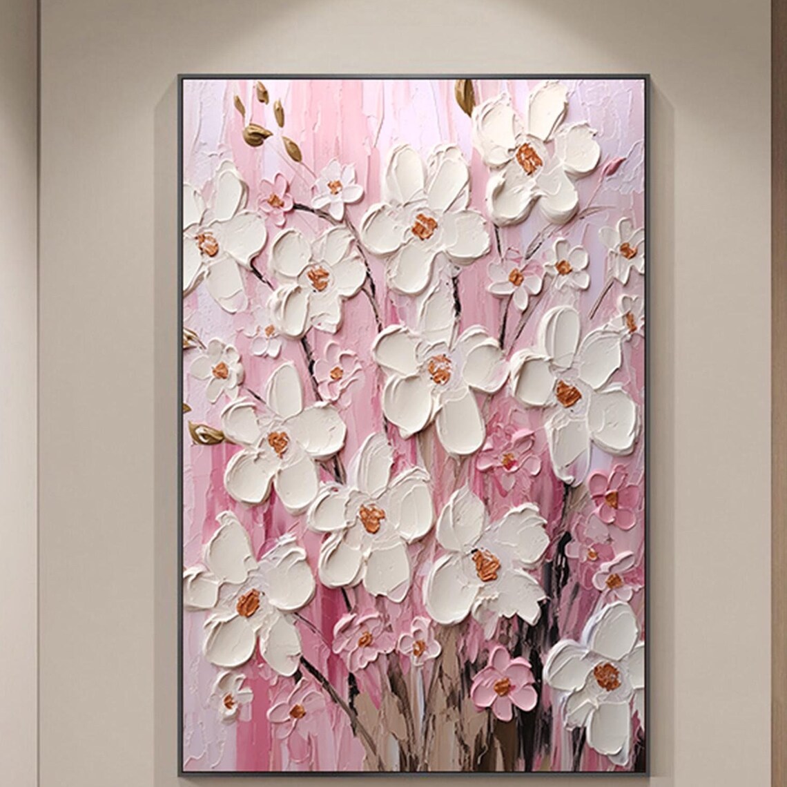 White Cherry Blossom Pink Background 3D Textured Floral Wall Art