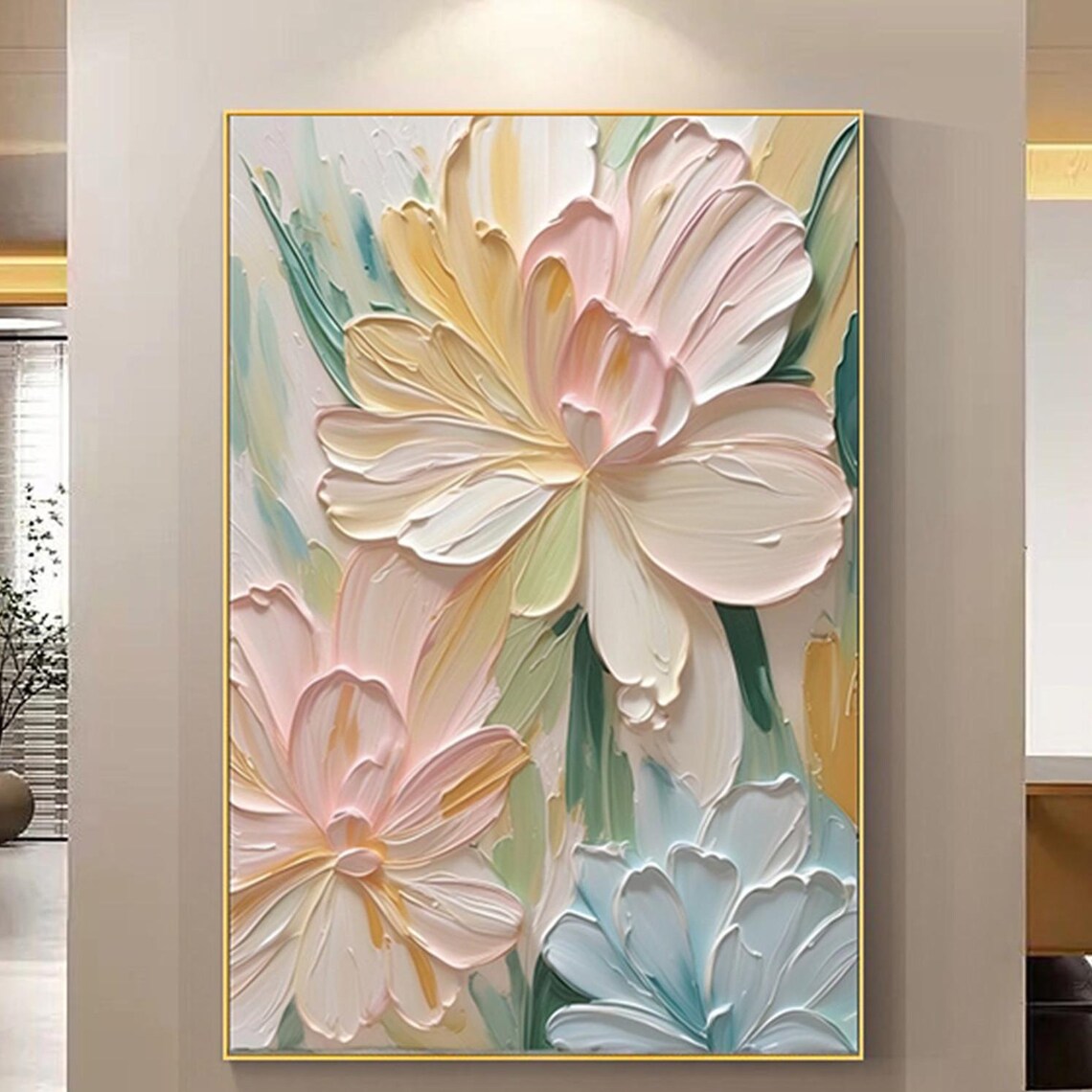 Pastel Pink Cream Blossom Textured Painting Gold Framed Wall Art