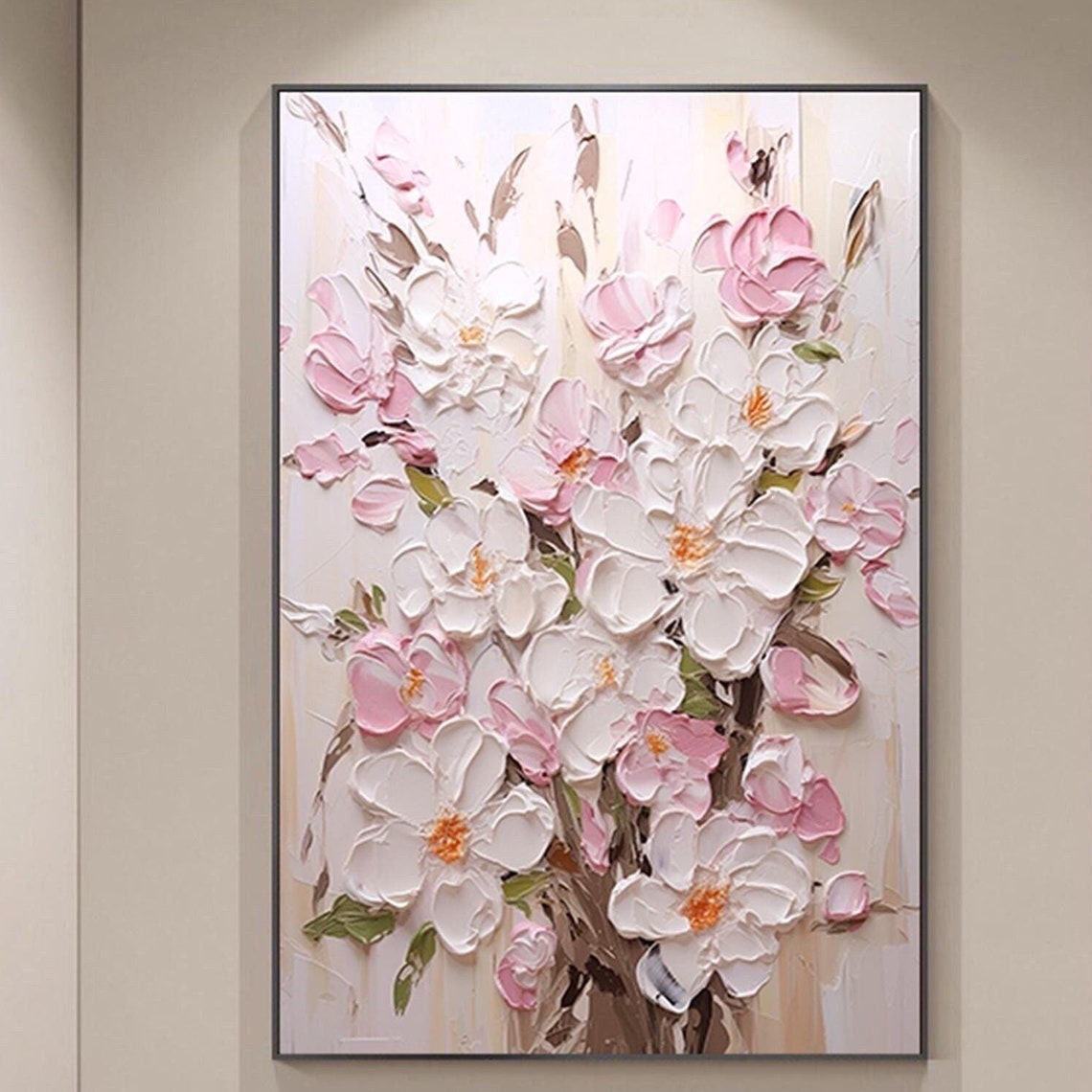 White Pink Blossom Branches Cream Vertical Textured Spring Wall Art