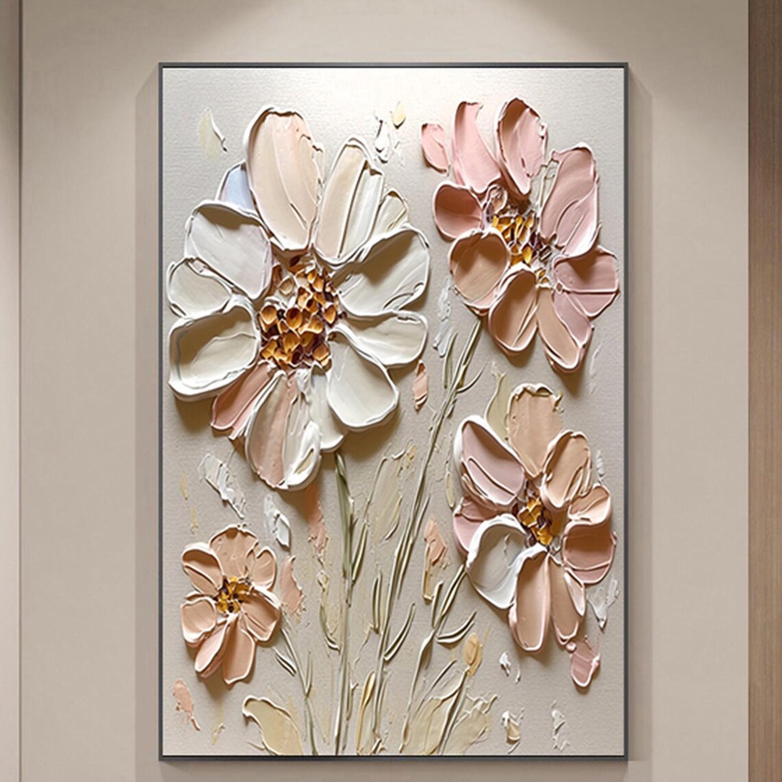 Oversized Pink Cream Bloom 3D Textured Floral Painting Poster