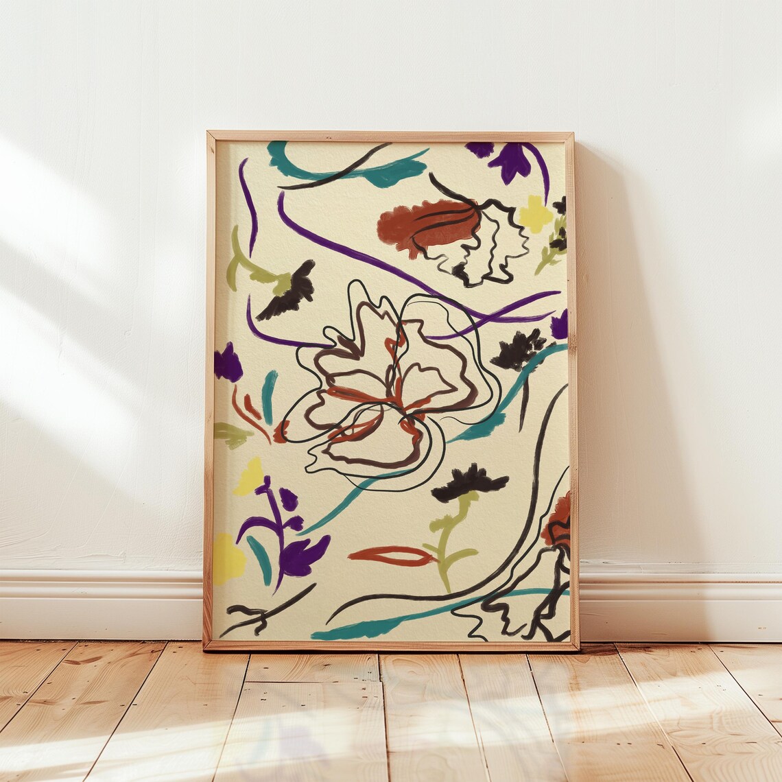 Modern Abstract Floral Line Drawing Colorful Botanical Art Poster