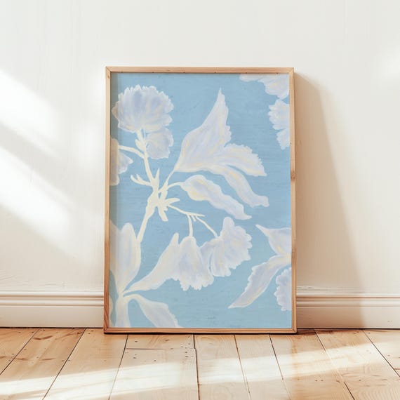 Blue Abstract Floral Art Print Scandi Botanical Poster