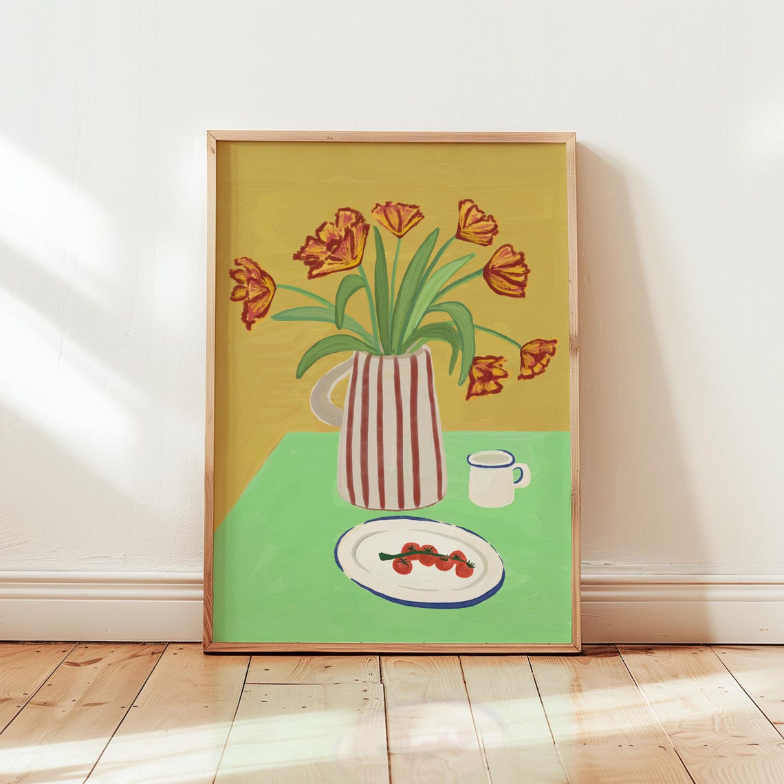 Tulip Flower Still Life Painted Vase Green Table Cherry Tomato Poster