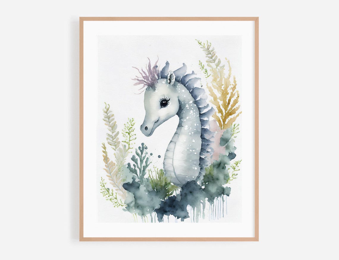 Nursery Wall Art Print Watercolor Animal Portrait Illustration Kids Room Poster Baby Shower Gift Cute Sea Horse Painting With Flowers