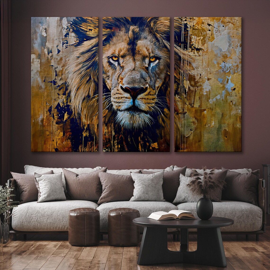 Lion Portrait Golden Brushstrokes Amber Eyes Wildlife Wall Art - Image 6
