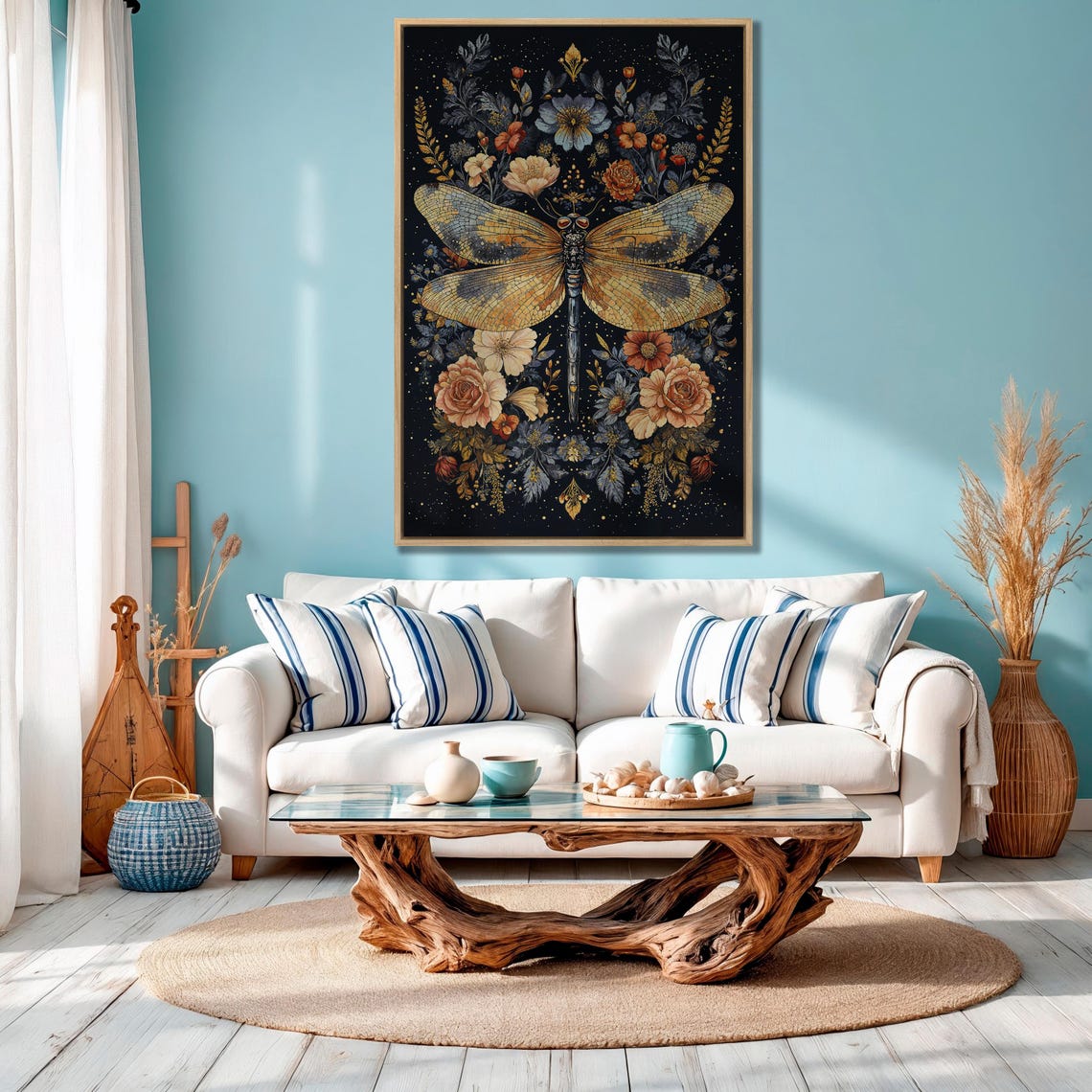 Golden Dragonfly With Ornate Rose Wreath Night Garden Poster - Image 4