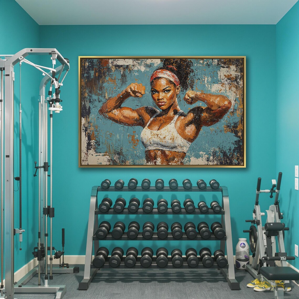 Muscular Black Woman Flexing Biceps Against Vibrant Teal Backdrop Poster - Image 3