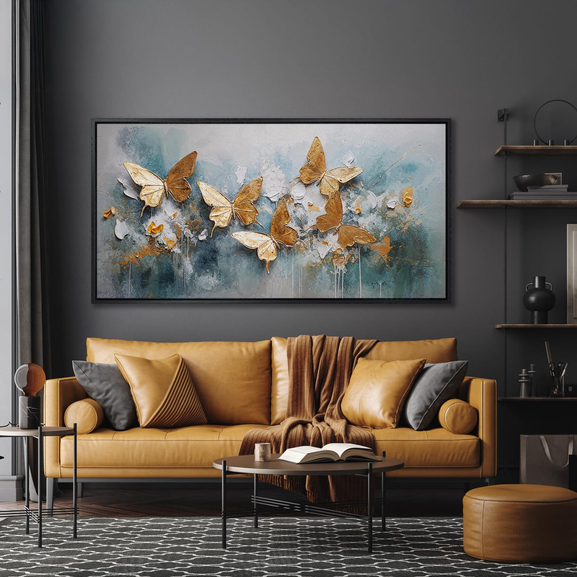 Golden Butterflies 3D Effect Teal Textured Abstract Wall Art - Image 3