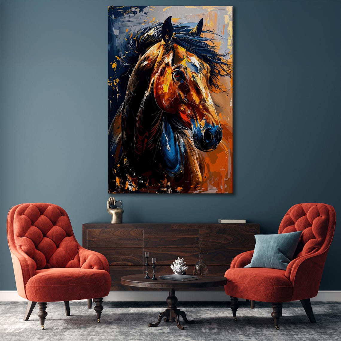 Wild Horse Head Abstract Bold Blue Orange Equine Painting Poster - Image 5